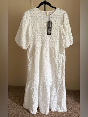 NWT River Island White Puff Sleeve Crinkle Smock Boho Cottagecore Dress Size 8